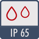 Schutzart IP65: staubdicht, wasserdicht bei Wasserstrahlen aus beliebigen Winkeln (kein Hochdruck)