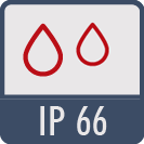 Schutzart IP66: staubdicht, wasserdicht bei vorübergehender Überflutung (z.B. Wasserschwall über das Gerät)