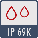 Schutzart IP69K: staubdicht, wasserdicht bei dauerhaftem Untertauchen bzw. bei Reinigung mit Hochdruckstrahlern